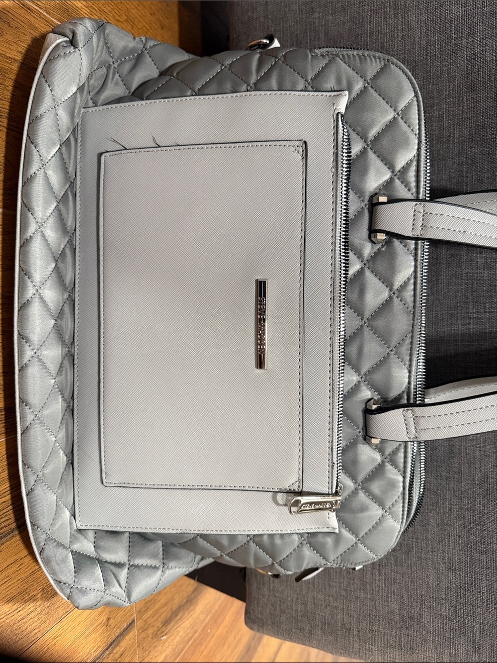 Steve Madden Quilted Light Gray Laptop Tote